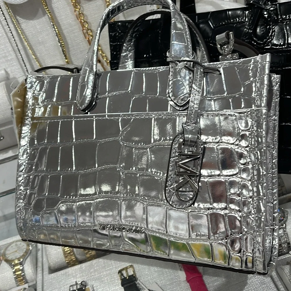 Michael Kors Gigi Small Metallic Crocodile Embossed Leather Messenger Bag Silver